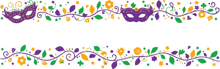 Fototapeta premium Mardi gras carnival border with masquerade masks and floral vines in purple green and gold colors