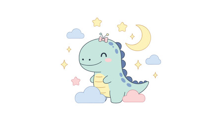 Obraz premium Cute cartoon dinosaur with night sky elements like stars, moon, and clouds, ideal for children's designs and illustrations.