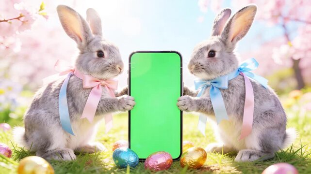 Cute gray easter rabbits holding phone with green screen with painted eggs, top view. Easter holiday template, copy space, online shopping, care, pet goods