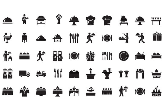 Restaurant and Catering Icon Set: Vector Food Service Symbols for Dining, Waiter, and Buffet