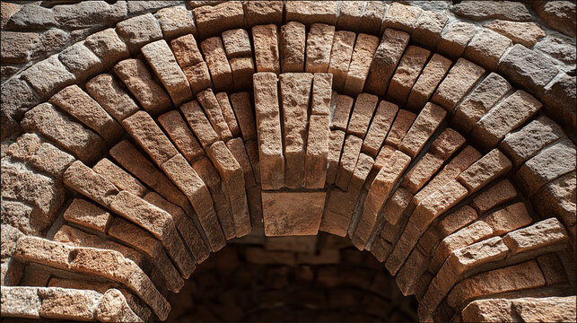 mediocrity. Stone arch doorway with radial brick pattern and central keystone in daylight. real-estate listings.