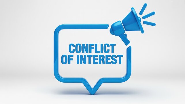 Blue 3D speech bubble with Conflict of Interest text and megaphone on clean white background