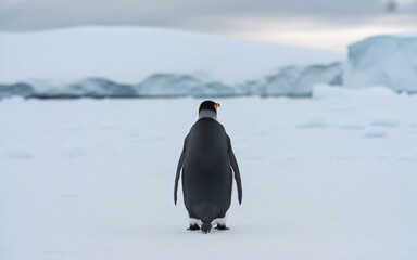 Rear View of a Single Penguin Standing Alone in an Open Antarctic Landscape