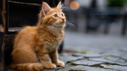 Obraz premium Small fluffy kitten sits curiously on cobblestone street looking around with interest at surroundings, adorable feline seems comfortable in urban environment, street cat photography, with copy