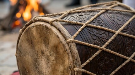 Traditional drum with intricate carvings beside a fire, highlighting cultural musical elements
