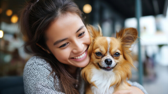Faceless Asian woman playing with chihuahua dog at pets friendly dog park, domestic dog with owner enjoy urban outdoor lifestyle in city on summer vacation, pet humanization urban pet parents