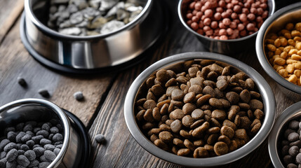 Fototapeta premium Diverse pet food options catering to dietary needs and preferences of furry companions, animal nutrition variety, specialized pet meals, customized feeding choices, with copy space
