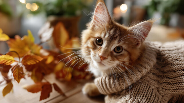 Cute kitten in beige sweater autumn setting, dressed feline photography, seasonal pet fashion, cozy cat clothing, fall kitten portrait, with copy space