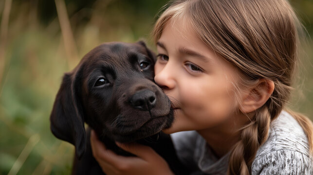 Faceless dog kiss and child outdoor with love hug care and animal friend care for new family puppy, pet girl and happiness together of relax animal and kid hugging with parent help feeling calm