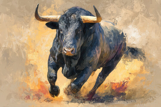 Running bull symbolizing power and strength, AI generated
