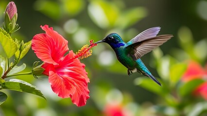 Obraz premium A vibrant hummingbird hovers near a bright red flower, with outstretched wings and a long beak