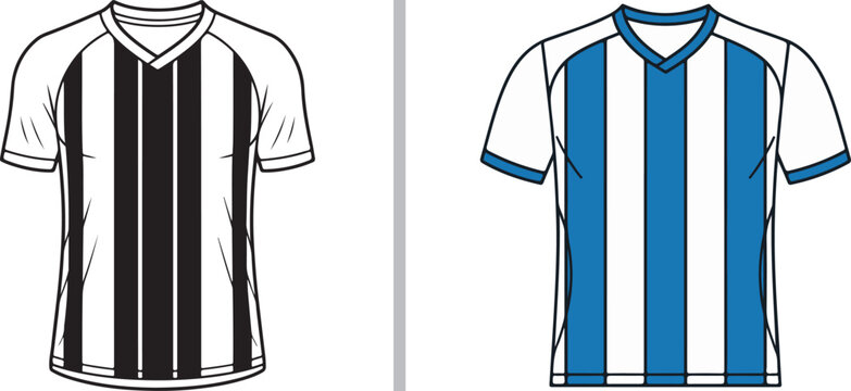 A pair of professional soccer jerseys featuring vertical stripes. One jersey is classic black and white, while the other is vibrant blue and white, both with clean athletic tailoring.