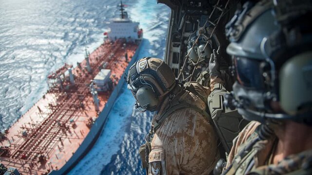 Military personnel in flight helmets and tactical gear are looking out from the open door of a hovering helicopter, observing a large oil tanker ship navigating through the open ocean