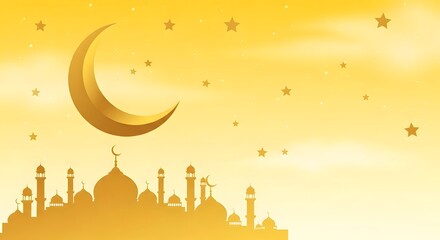 Golden silhouette of Islamic mosques under a bright yellow sky filled with stars and a large crescent moon.
