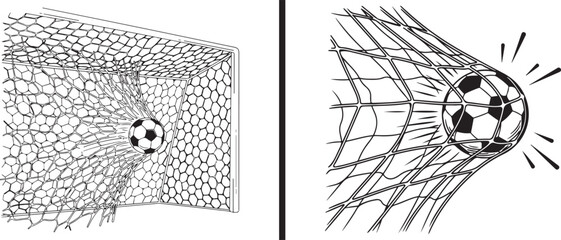 High-energy black and white vector illustrations showing a soccer ball bulging the back of the net, perfectly capturing the peak physical impact of a successful goal. © Nur