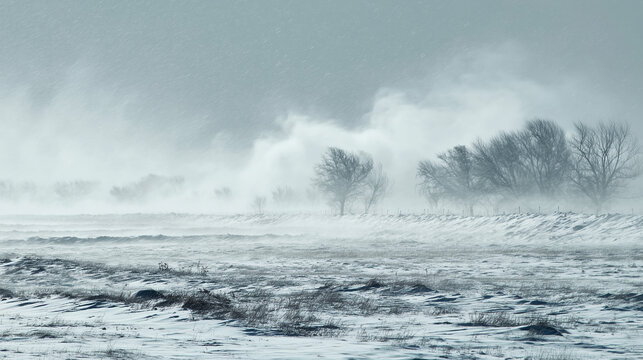 Snowstorm in open snowy field with bent trees and heavy wind ideal for climate visuals, nature documentaries and extreme winter weather backgrounds
