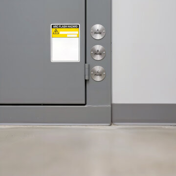 Grey electrical panel door with arc flash hazard warning label and phase markers. Space for text.