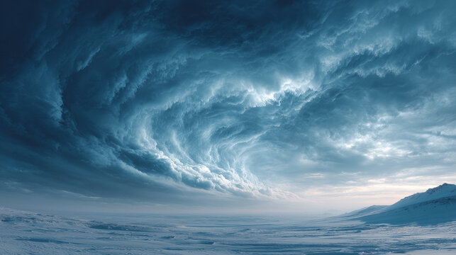 Frozen winter landscape with swirling storm clouds above icy plains ideal for dramatic weather visuals, nature backgrounds and climate concepts
