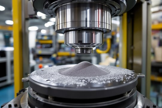 Industrial machine press compacts grey powder material in factory.