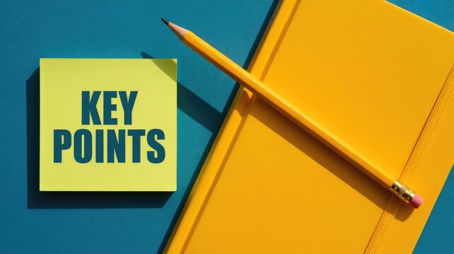 Bright yellow sticky note with key points text on a blue background alongside a yellow notebook and 