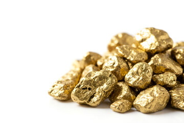 Obraz premium Pile of gold nuggets on a white background. Banner template of secure storage, growth of stocks, wealth, financial security, mining, and investment asset concept with copy space.