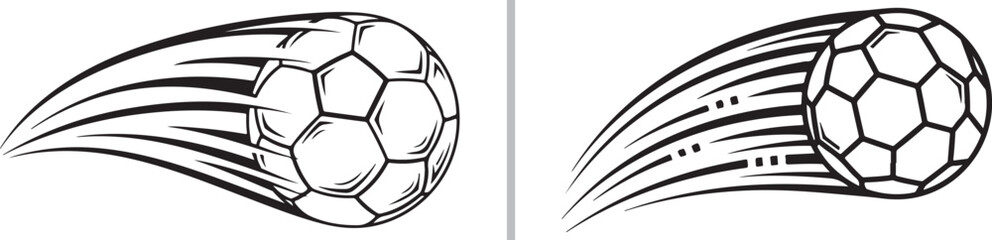 High-energy black and white vector sketches of soccer balls flying through the air with dynamic speed trails, capturing the intense power and movement of a fast-paced athletic shot. © Nur