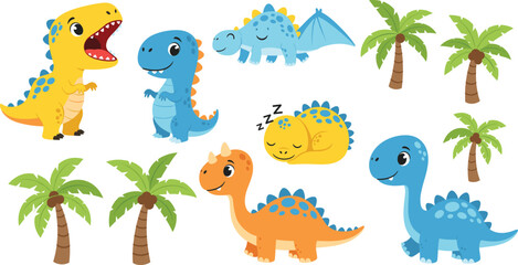 Cute Baby Dinosaur Cartoon Vector Set with Palm Trees and Sleeping Prehistoric Characters for Kids Nursery Education and Learning Design Projects © MstSuborna