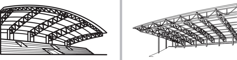 Fototapeta premium A black and white vector illustration showcasing two technical architectural views of a stadium's grandstand roof structures, featuring intricate steel trusses and tiered seating sections.
