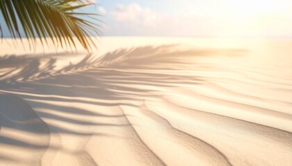 Modern summer paradise backdrop, blurred palm shadows on sand, sunlit atmosphere, smooth color transitions, minimalist luxury branding aesthetic