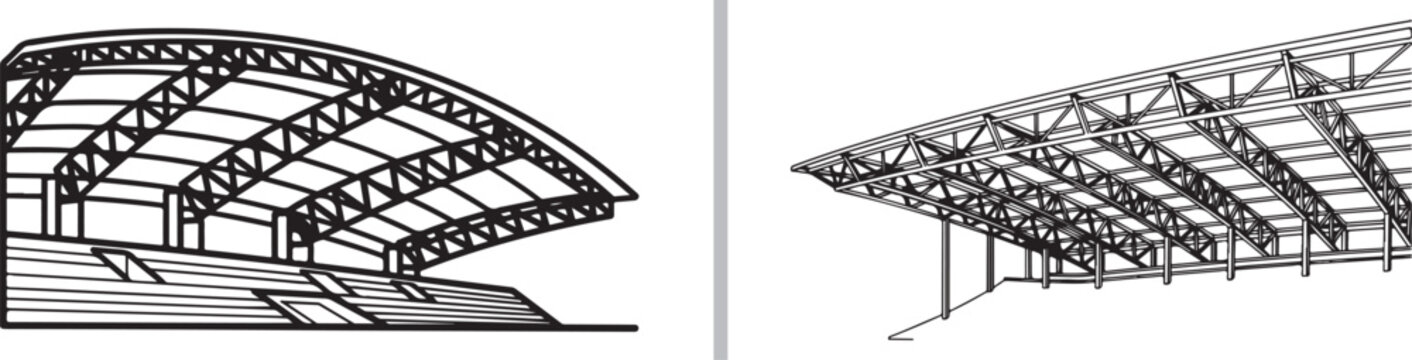 A black and white vector illustration showcasing two technical architectural views of a stadium's grandstand roof structures, featuring intricate steel trusses and tiered seating sections.