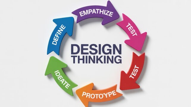 Design Thinking circular process diagram with colorful arrows showing empathize define ideate protot