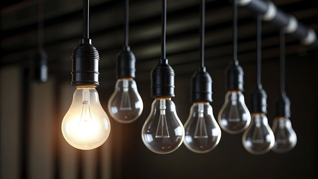 Single illuminated bulb among a row of unlit bulbs