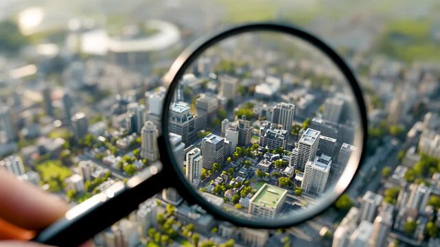 Magnifier Revealing Detailed Urban Cityscape From Above Highlighting Dense Architecture Streets Buildings And Modern Metropolitan Planning