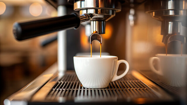Freshly brewed espresso pouring into a white ceramic cup