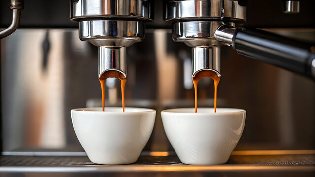 Precise espresso machine pouring rich coffee into ceramic cups