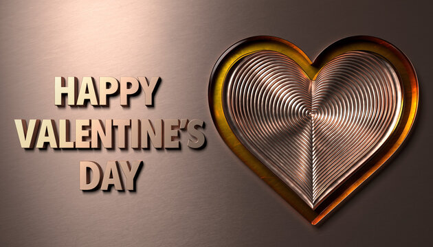 Miedziano bursztynowe serce wytłoczone na miedzianym tle z napisem "Szczęśliwego dnia zakochanych"