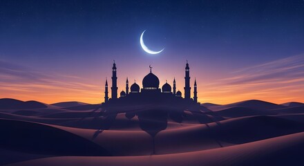 Desolate sand dunes under a twilight sky with a crescent moon and silhouetted mosque, Ramadan desert scene.