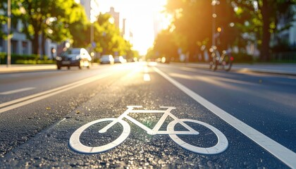 Obraz premium Bicycle lane marking on asphalt street with bright afternoon sunlight and blurred urban background