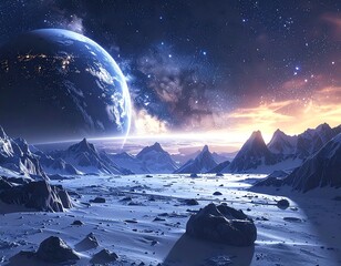 Alien Landscape with Distant Planet and Mountain Ranges.