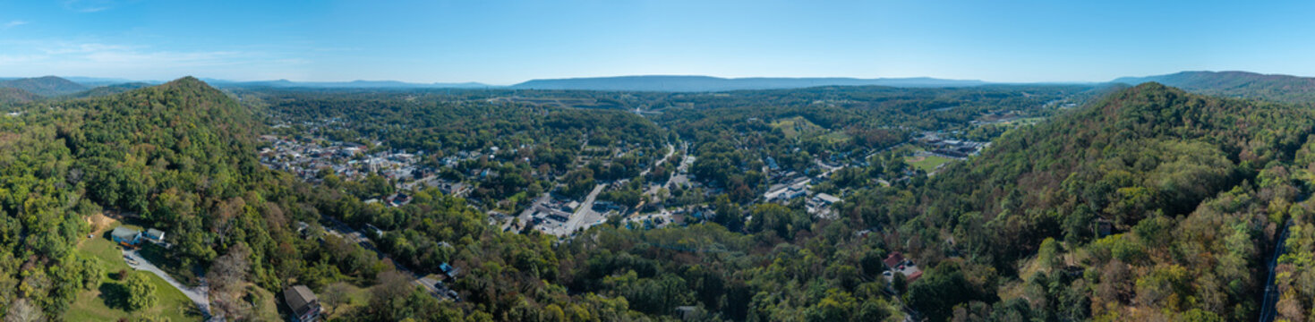 Aerial view of Berkeley Springs West Virginia with trees changing colors during autumn