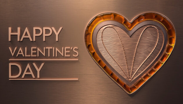Miedziano bursztynowe serce wytłoczone na miedzianym tle z napisem "Szczęśliwego dnia zakochanych"