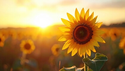 Obraz premium Close-up of a Sunflower Facing Away From the Setting Sun in a Warm, Golden Field