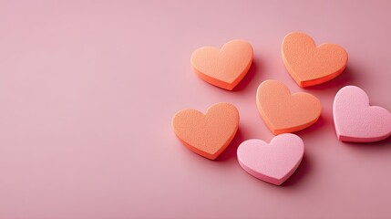 Obraz premium Colorful Heart-Shaped Foam Sponges on a Soft Pink Background for Creative Projects and Crafts