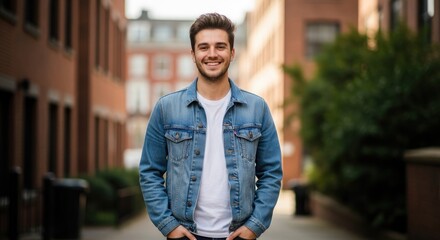 A young man in a denim jacket standing in an urban alleyway.