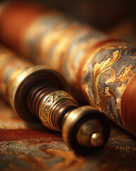 Bar mitzvah scroll with ornate gold and brown details, intricate embroidery, and elegant craftsmanship, symbolizing tradition and celebration in Jewish ceremony