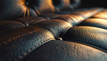 Fototapeta premium Detailed Close-up of Dark Leather Upholstery with Intricate Stitching Pattern Under Moody Lighting