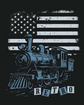 Vintage Steam Locomotive Illustration In Retro Style, Vector Illustration, Print Ready.