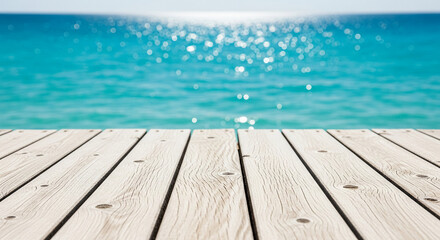 Wooden planks lead to turquoise water and bright sky, representing relaxation and an idyllic coastal setting, inviting vacation or leisure concepts