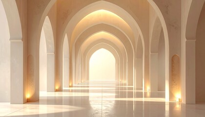 Obraz premium Serene archway corridor with soft lighting and arches leading to a bright doorway, showcasing architecture and peaceful atmosphere