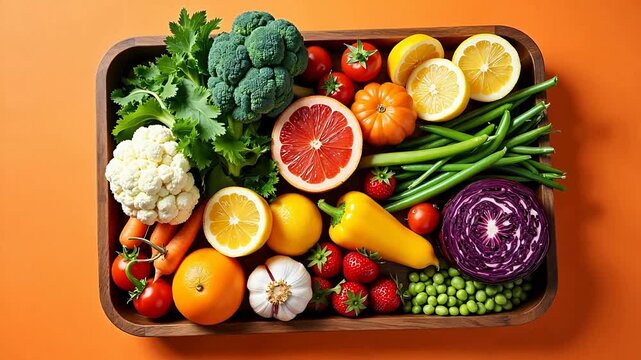 Assorted fresh fruits and vegetables in wooden tray